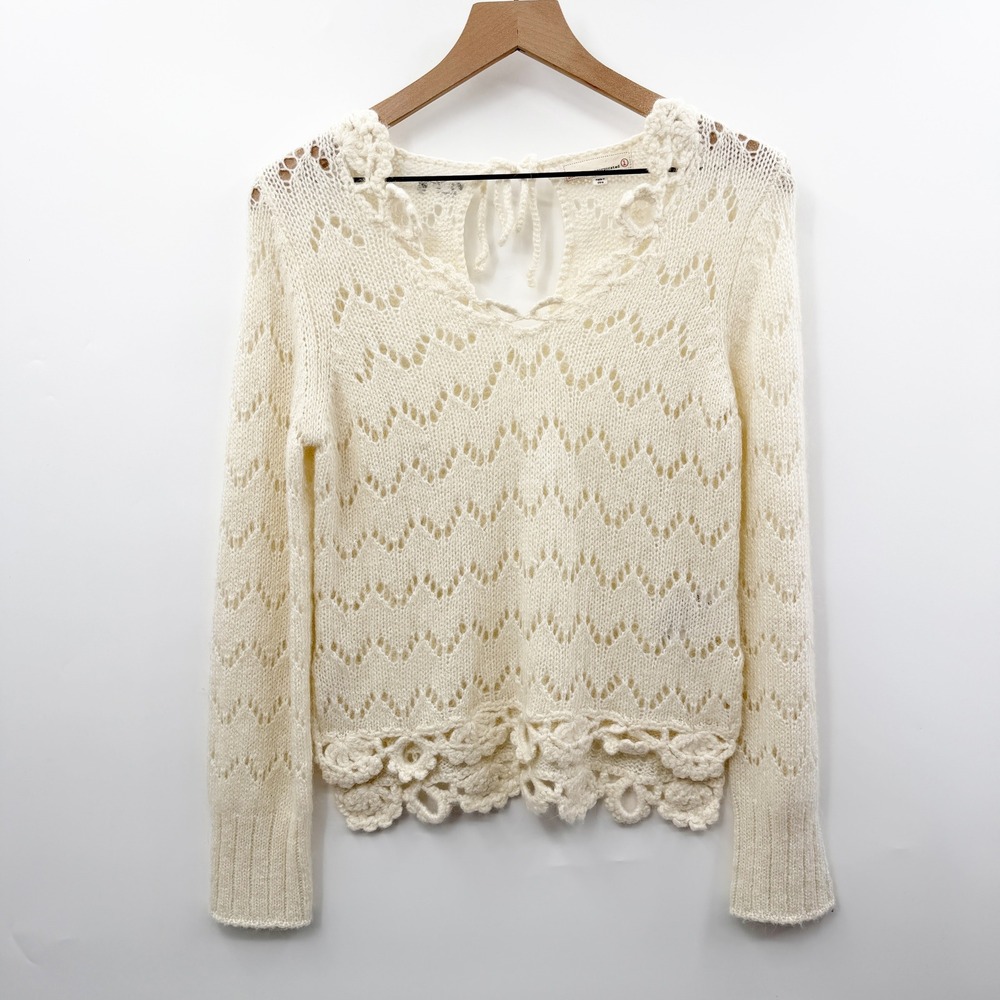 Odd Molly Pointelle Knit Crochet Trim Wool Blend Sweater in Cream Size 1